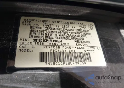 2011 Nissan Versa 1.8S from USA, damaged, VIN 3N1BC1CP1BL494554